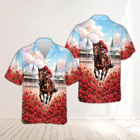 Discover Run for the Roses Horse Racing Hawaiian Shirt, Kentucky Derby Day Party Button Up, Jockey and Floral Summer Top, Equestrian Enthusiast