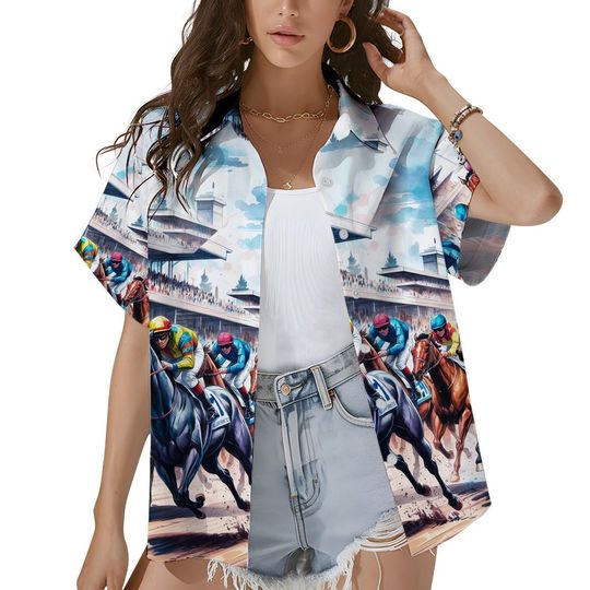 Discover Horse Racing Hawaiian Shirt for Women, Jockey Horse Print Aloha Button Up Shirt, Equestrian Summer Vacation Top