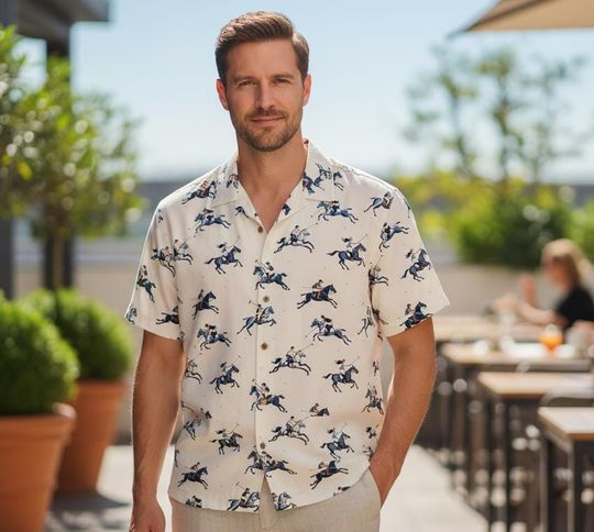 Discover Polo Horse Rider Hawaiian Shirt For Men Equestrian Pattern Vintage Riding Style Summer Vacation Casual Button Up Horse Lover