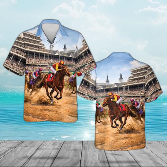 Discover Horse Racing Derby Hawaiian Shirt, Equestrian Sports Button Down, Kentucky Race Track Apparel, Jockey and Thoroughbred Tropical Shirt