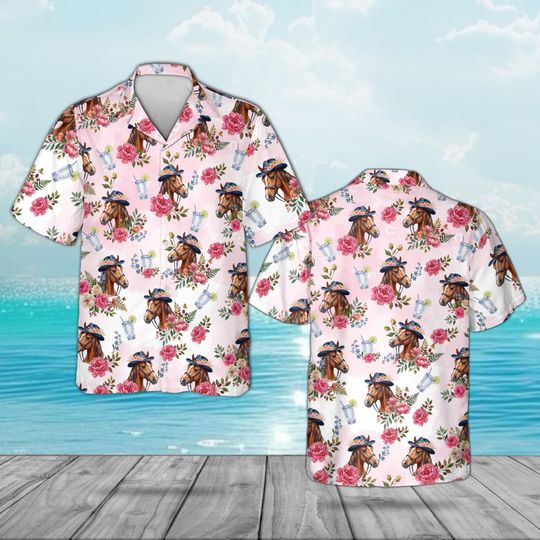 Discover Horse Racing Hawaiian Shirt, Pink Floral Derby Button Down, Personalized Equestrian Sports Top, Jockey and Roses Party Wear Casual