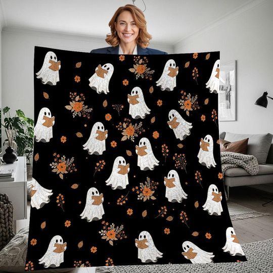 Discover Ghost Loves Reading Book Halloween Fleece Blanket, Cute Ghost Boo Vintage Blanket, Ghost Boo Blanket
