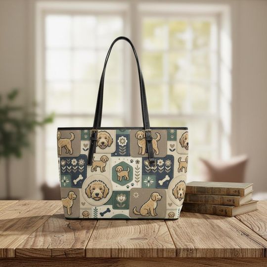 Discover Golden Doodle Patchwork Pattern PU Leather Shoulder Bag | Stylish Dog Tote