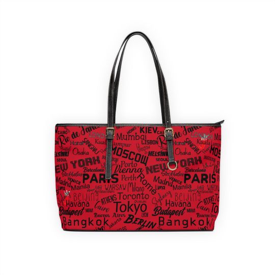 Discover World Cities Script PU Leather Shoulder Bag | Paris Tokyo New York Moscow Bangkok