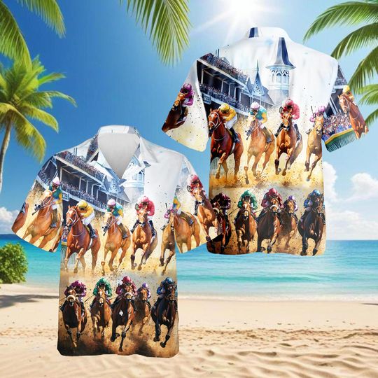 Discover Horse Racing Hawaiian Shirt Derby Style Aloha Shirt Jockey Racing Button Up Shirt, Tropical Beach Button Up Shirt