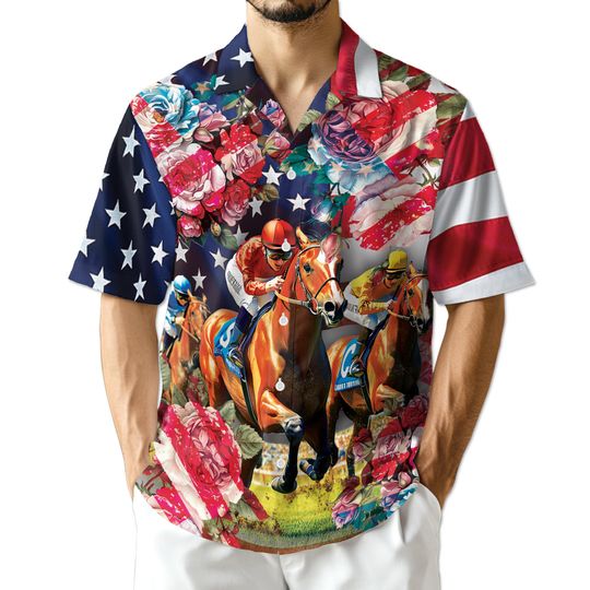 Discover American Roses Horse Racing Hawaiian Shirt, Derby Floral Button Down, Unisex Summer Beach Top