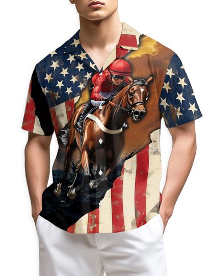 Discover USA Horse Racing Hawaiian Shirt, Patriotic Racehorse Aloha Shirt, American Flag Derby Horse Button Down, Unisex Summer Beach Shirt S-5XL