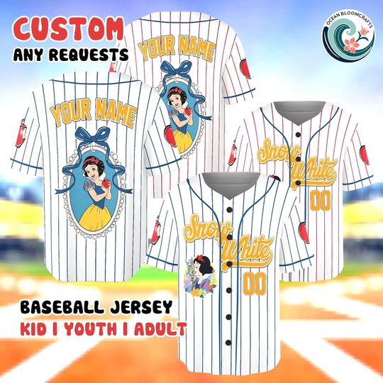 Discover Custom Snow White Baseball Jersey, Personalized Disney Princess Shirt, Snow White Fan Gift, Customized Name Number Jersey, Princess Outfit