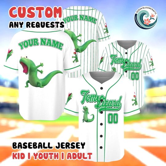 Discover Cute Cartoon Disney Lizard Baseball Jersey, Personalized Green Reptile Fan Shirt, Custom Name and Number Mascot Tee