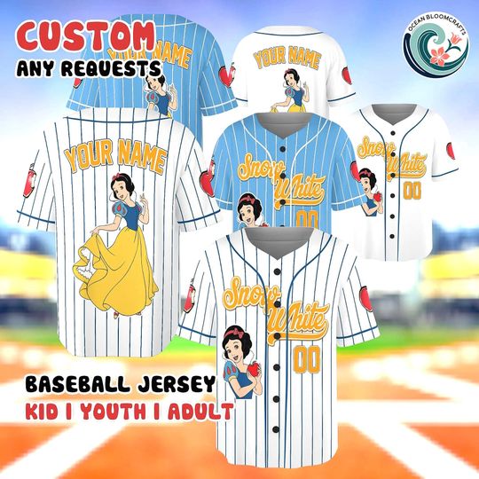 Discover Custom Snow White Baseball Jersey, Personalized Disney Princess Shirt, Snow White Apple Fan Gift, Custom Name Number, Magical Outfit