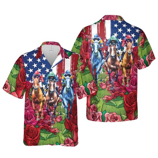 Discover Horse Racing Hawaiian Shirt, Patriotic American Flag Rose Button Up, Derby Jockey Print Summer Vacation Party Shirt Gift for Men Women