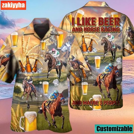 Discover I Like Beer And Horse Racing Hawaiian Shirt, Horse Racing Lover Gift, Funny Beer Drinking Button Shirt, Jockey Horse Racing Apparel