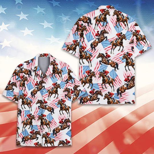 Discover Patriotic Horse Racing Hawaiian Shirt, Jockey Race Aloha Shirt, American Flag Sport Print, 4th Of July Shit Button Up, Racing Fan Gift