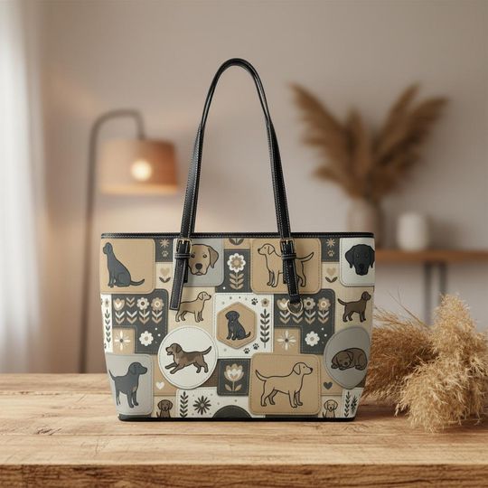 Discover Labrador Retriever Pattern PU Leather Tote Bag for Women