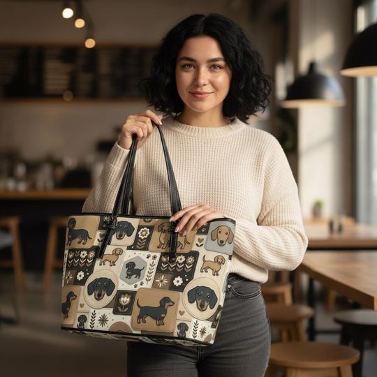 Discover Dachshund Patchwork Tote Bag PU Leather Shoulder Bag