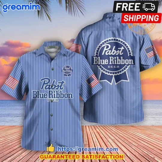 Discover Pabst Blue Ribbon Vintage Stripes Blue Hawaiian Shirt