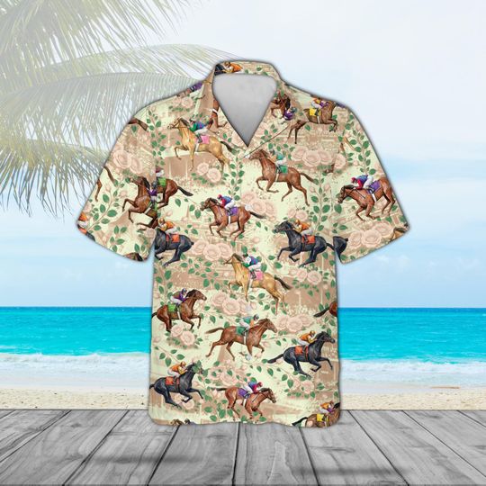 Discover Vintage Horse Racing Hawaiian Shirt, Derby Day Jockey All-Over Print Button Down, Retro Equestrian Summer Apparel,Derby Fan