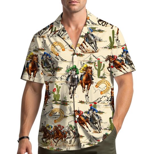 Discover Horse Racing Hawaiian Shirt for Men Women Youth, Western Jockey Aloha Top, Vintage Horse Race Shirt, Cowboy Desert Summer Outfit