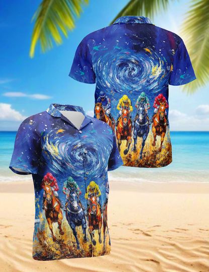 Discover Horse Racing Hawaiian Shirt, Artistic Horse Race Shirt, Jockey Derby Aloha Shirt, Kentucky Derby Style Shirt, Horse Racing Fan Gift Shirt