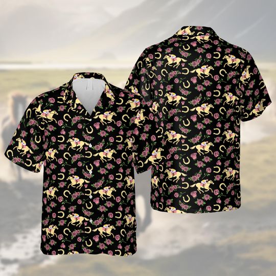 Vintage Floral Horse Racing Hawaiian Shirt, Elegant Teal Derby Day Jockey Button Up, Lucky Horseshoe & Rose Summer Top, Equestrian Sport Fan