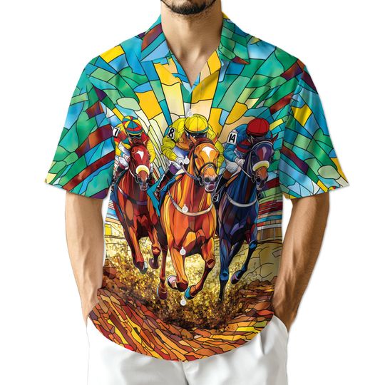 Discover Stained Glass Horse Racing Hawaiian Shirt, Jockey Aloha Derby Party Top
