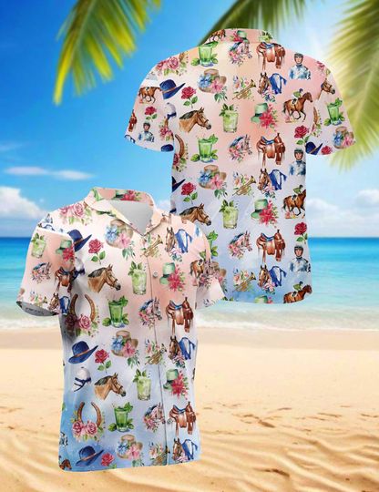 Discover Horse Racing Hawaiian Shirt, Equestrian Aloha Shirt, Derby Day Summer Shirt, Pink Blue Horse Lover Shirt, Western Ranch Beach Shirt