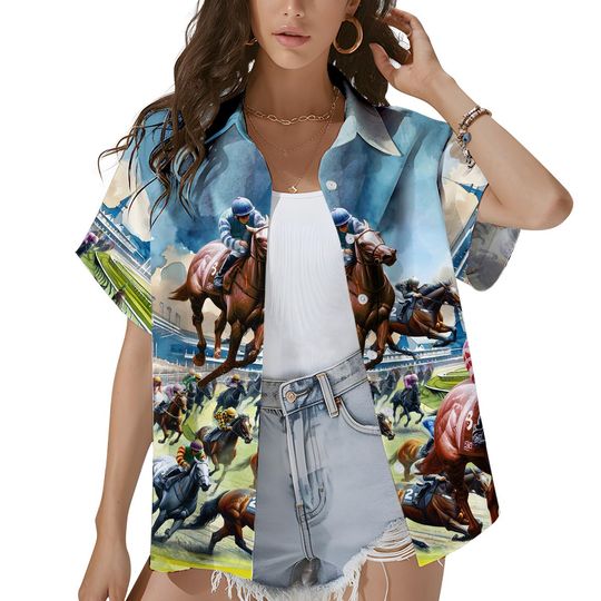 Discover Horse Racing Hawaiian Shirt for Women, Jockey Horse Print Aloha Button Up Shirt, Equestrian Summer Vacation Top