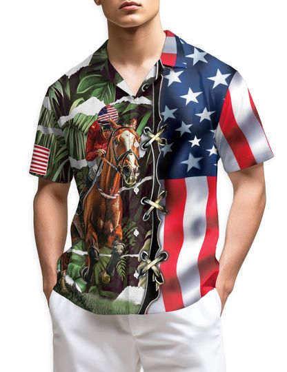 Discover American Jockey Racing Hawaiian Shirt, Patriotic Horse Racing Aloha Shirt, USA Jockey Derby Button Down, Unisex Summer Beach Shirt S-5XL