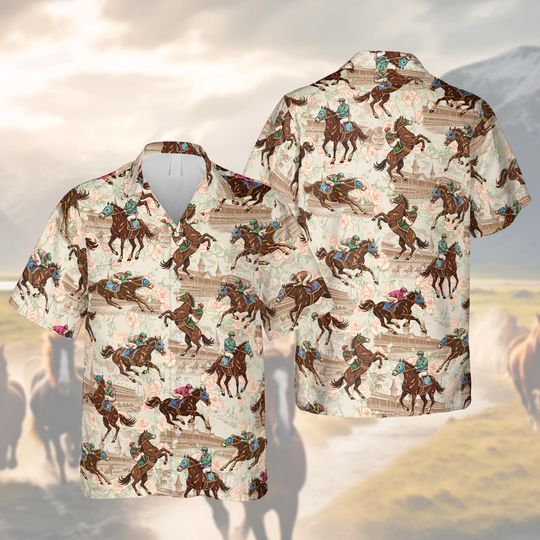 Discover Horse Racing Hawaiian Shirt,Derby Button Down, Equestrian Derby Spectator Shirt, Vintage Painterly Racetrack Gift for Men