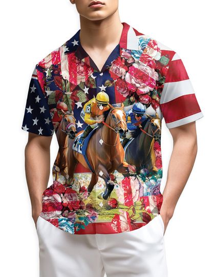 Discover American Roses Horse Racing Hawaiian Shirt, Patriotic Equestrian Aloha Shirt, USA Flag & Horse Racing Button Down, Unisex Beach Shirt S-5XL
