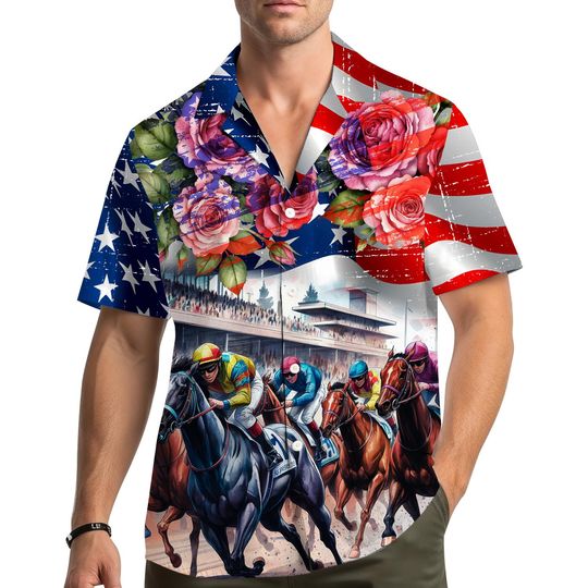 Discover Vintage Horse Racing Hawaiian Shirt, Patriotic American Flag Jockey Print, Derby Day Roses and Grandstand Aloha Shirt, United States Racing