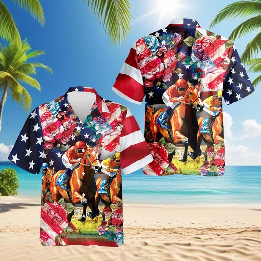 Discover Horse Racing Hawaiian Shirt for Men | American Flag Rose Floral Aloha Shirt | Patriotic Jockey Summer Outfit | Gift for Horse Lovers