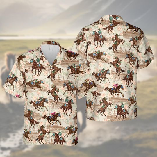 Discover Vintage Horse Racing Derby Hawaiian Shirt, Equestrian Sports Pattern Button Up, Thoroughbred Jockey Summer Top, Classic Horse Lover Gift