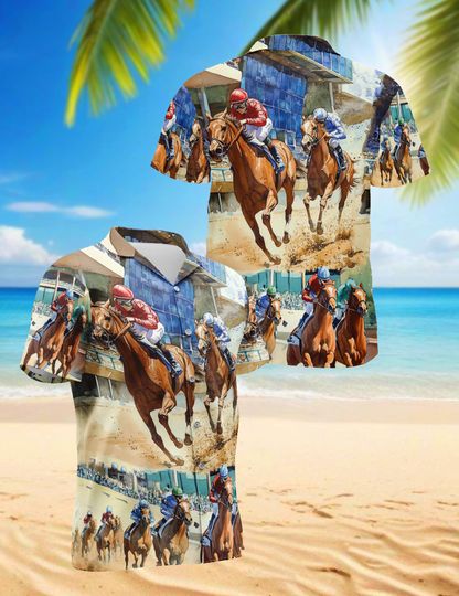 Discover Horse Racing Hawaiian Shirt Derby Jockey Button Up Aloha Shirt Race Track Equestrian Gift for Men, Tropical Beach Button Up Summer Shirt