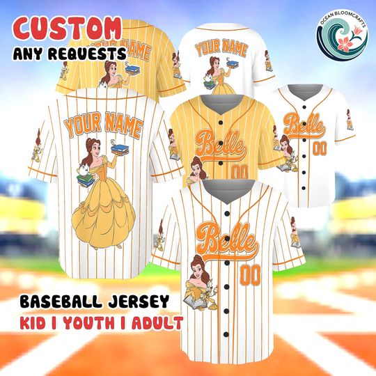 Discover Custom Belle Baseball Jersey, Personalized Beauty and the Beast Shirt, Disney Princess Fan Gift, Customized Name Number Jersey