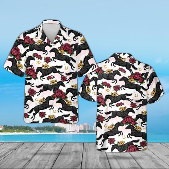Discover Horse Racing Derby Hawaiian Shirt, Equestrian Rose Pattern Button Down, Jockey Thoroughbred Summer Top, Lucky Horseshoe Sports Gift