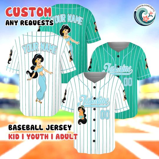 Discover Custom Jasmine Baseball Jersey, Personalized Disney Princess Shirt, Aladdin Jasmine Gift, Custom Name Number, Teal Disney Trip Outfit