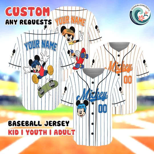 Discover Custom Mickey Skateboard Jersey, Personalized Disney Baseball Shirt, Skater Mickey Outfit, Custom Name Number, Disney Trip Gift