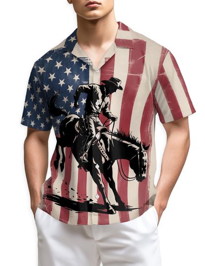 Discover USA Horse Racing Hawaiian Shirt, Racehorse Silhouette Aloha, Patriotic Derby Button Down