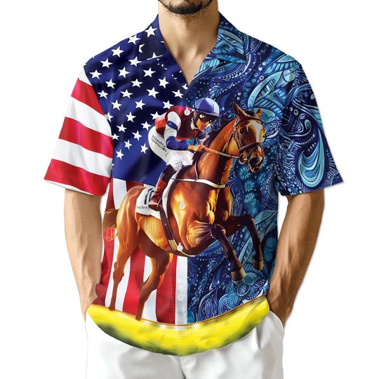 Discover Horse Racing USA Hawaiian Shirt, Patriotic Horse Aloha Shirt, Jockey Racing Shirt, Unisex S-5XL