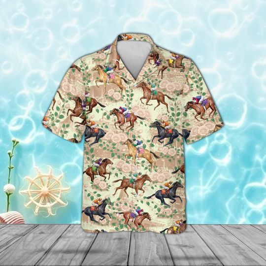 Discover Vintage Rose Kentucky Derby Hawaiian Shirt, Thoroughbred Race Day Aloha Top, Equestrian Floral Party Apparel, Classic Horse Racing Fan Gift