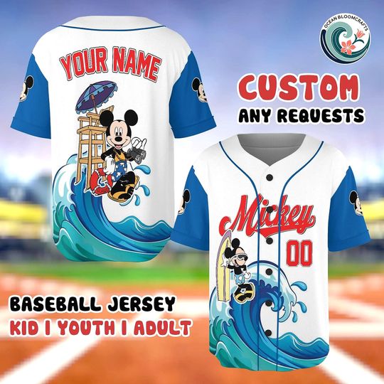 Discover Custom Disney Mickey Mouse Baseball Jersey, Surfing Beach Life Shirt, Personalized Name Number, Disney Cruise Trip, Lifeguard Mickey Top
