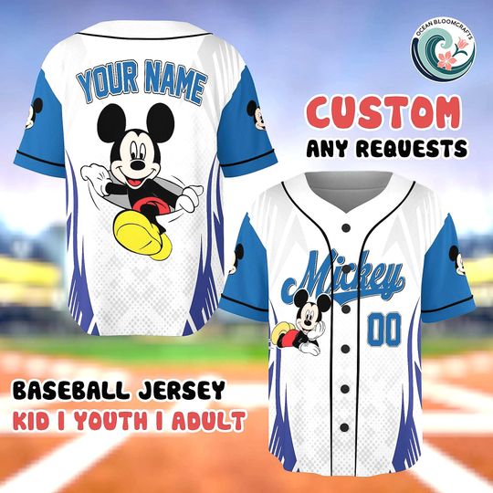 Discover Custom Disney Mickey Mouse Baseball Jersey, Blue Grey Geometric Shirt, Personalized Name Number, Disney Family Trip Gear, Sporty Mickey Top