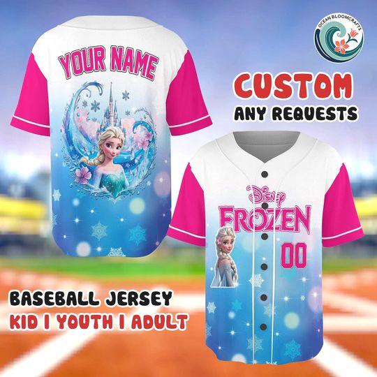 Custom Elsa Baseball Jersey, Snow Queen Castle Shirt, Personalized Name Number, Disney Family Trip Gear, Pink Blue Top