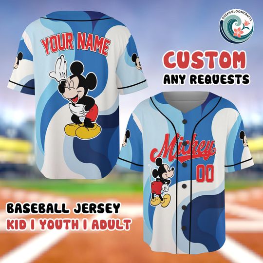 Discover Custom Disney Mickey Mouse Baseball Jersey, Blue Swirl Wave Shirt, Personalized Name Number, Disney Family Trip Gear, Sporty Mickey Top