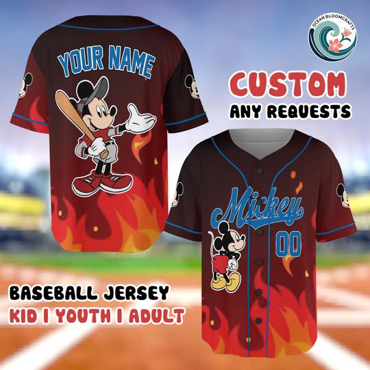 Discover Custom Disney Mickey Mouse Baseball Jersey, Fire Flame Design Shirt, Personalized Name Number, Disney Family Trip Gear, Sporty Mickey Top