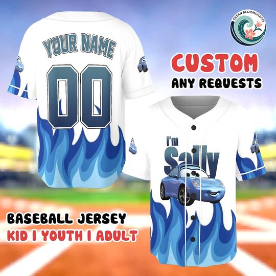 Custom Disney Carss Sally Carrera Baseball Jersey, Blue Flames Shirt, Personalized Name Number, Disney Family Trip Gear, Car Movie Gift