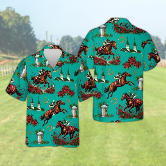 Horse Racing Derby Hawaiian Shirt, Vintage Jockey and Grandstand Print, Equestrian Summer Aloha Shirt, Lucky Horseshoe and Roses Gift