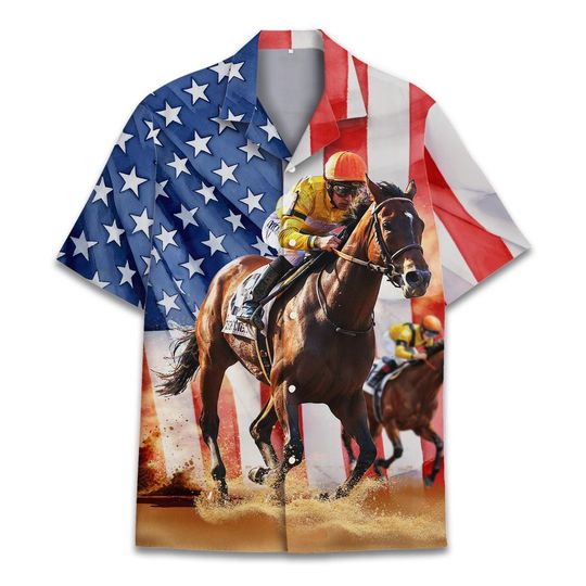 Discover Horse Racing Hawaiian Shirt, Patriotic Jockey Aloha Shirt, USA Flag Racehorse Print, Sport Party Shirt, Gift For Horse Racing Fans
