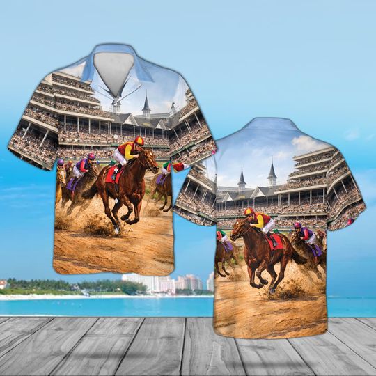 The Great Derby Race Day Hawaiian Shirt, Churchill Downs Style Horse Racing Button, Vintage Thoroughbred Jockey Pattern Retro Equestrian Fan